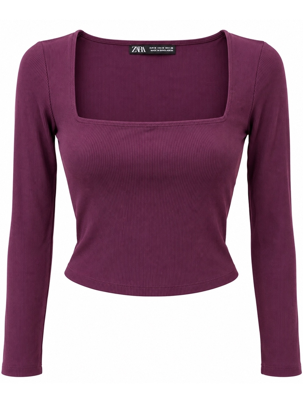 Zara Women’s M Plum Purple Ribbed Square Neck Long Sleeve Fitted Crop Top